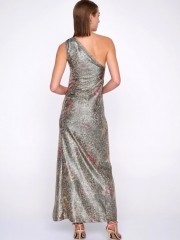 Floral printed χρυσό μεταλλιζέ maxi φόρεμα με έναν ώμο, σε εφαρμοστή γραμμή, μικρές σούρες μπροστά και πλαϊνό σκίσιμο Ale 