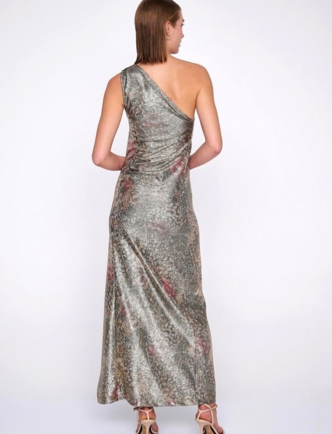 Floral printed χρυσό μεταλλιζέ maxi φόρεμα με έναν ώμο, σε εφαρμοστή γραμμή, μικρές σούρες μπροστά και πλαϊνό σκίσιμο Ale 