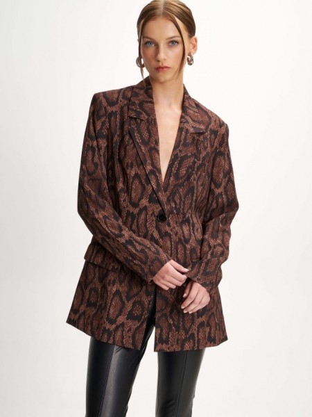 Animal printed καφέ μονόκουμπο μακρύ σακάκι σε μεσάτη γραμμή, μαύρη εσωτερική φόδρα και μπροστινές καπακωτές τσέπες Ale 