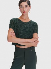 Πράσινη lurex κοντομάνικη πλεκτή μπλούζα με οριζόντια κοτσίδα πλέξη στην ύφανση, στρογγυλή λαιμόκοψη και rib τελειώματα ale