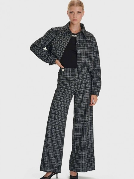 Tweed μαύρη ψηλόμεση ελαστική παντελόνα με λάστιχο πίσω στη μέση, χωρίς φερμουάρ και διακοσμητικά κουμπιά με πέρλες μπροστά Ale 