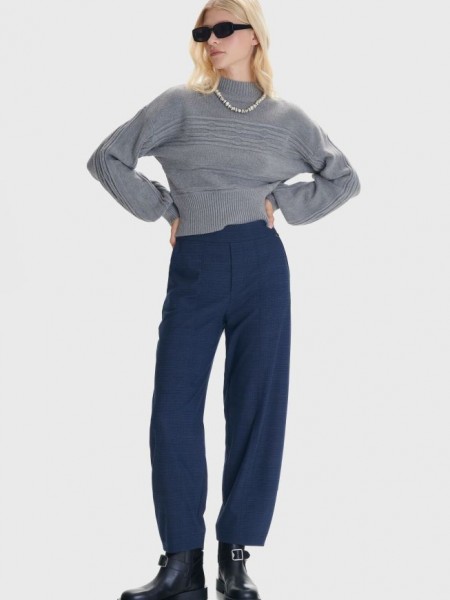 Καρώ μπλε ψηλόμεσο slouchy fit παντελόνι με πλαϊνές τσέπες, λάστιχο πίσω στη μέση και κλείσιμο με κρυφό φερμουάρ στο πλάι Ale 