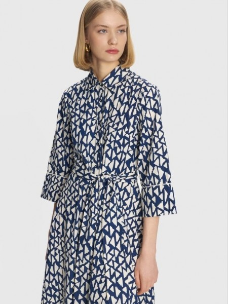 Εμπριμέ μπλε-εκρού βαμβακερό midi shirt-look φόρεμα με γεωμετρικό τύπωμα, 3/4 μανίκια, σε κλος γραμμή και αποσπώμενη υφασμάτινη ζώνη ale 
