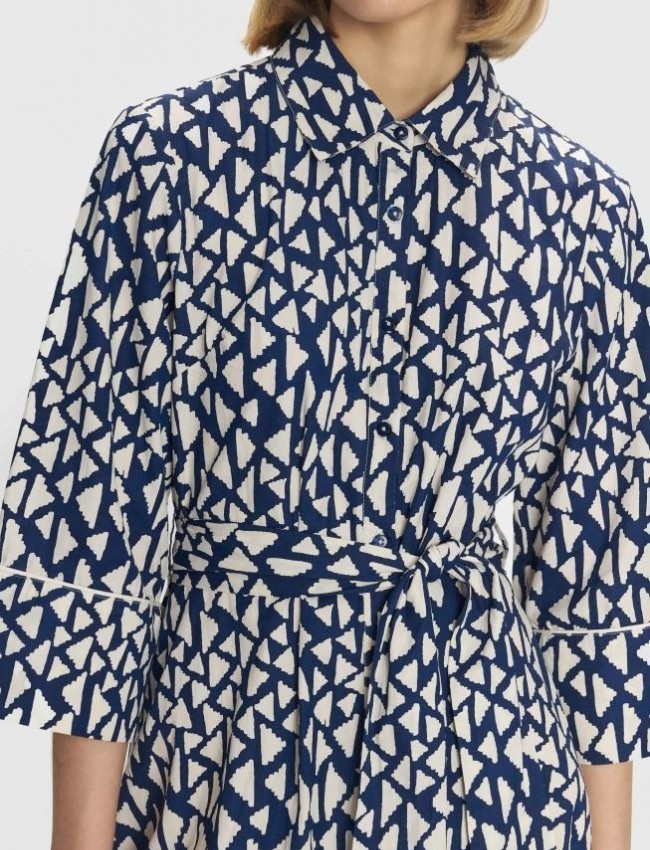 Εμπριμέ μπλε-εκρού βαμβακερό midi shirt-look φόρεμα με γεωμετρικό τύπωμα, 3/4 μανίκια, σε κλος γραμμή και αποσπώμενη υφασμάτινη ζώνη ale 
