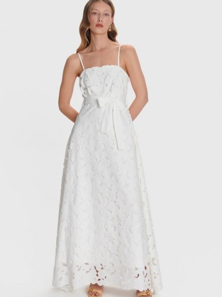 Λευκό strapless maxi κοφτό φόρεμα σε Α-γραμμή, με αποσπώμενη ζώνη στην μέση και αποσπώμενεσ τιράντες Ale