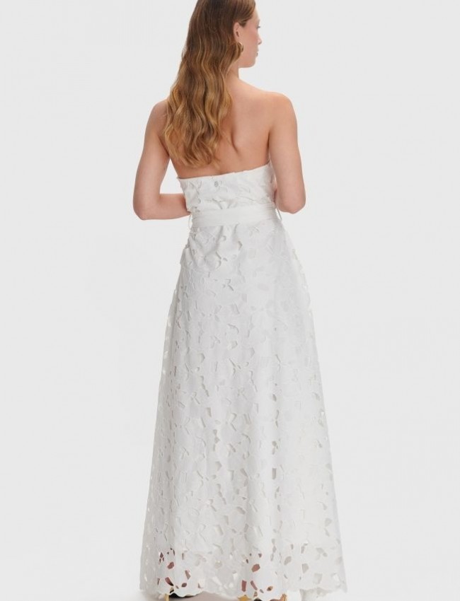 Λευκό strapless maxi κοφτό φόρεμα σε Α-γραμμή, με αποσπώμενη ζώνη στην μέση και αποσπώμενεσ τιράντες Ale