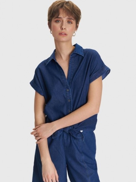 Blue jean tencel κοντομάνικο πουκάμισο, σε ίσια γραμμή, με πέτο γιακά και κλείσιμο με κουμπιά μπροστά Ale 