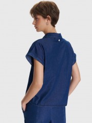 Blue jean tencel κοντομάνικο πουκάμισο, σε ίσια γραμμή, με πέτο γιακά και κλείσιμο με κουμπιά μπροστά Ale 