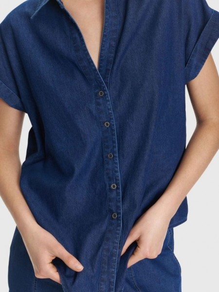 Blue jean tencel κοντομάνικο πουκάμισο, σε ίσια γραμμή, με πέτο γιακά και κλείσιμο με κουμπιά μπροστά Ale 