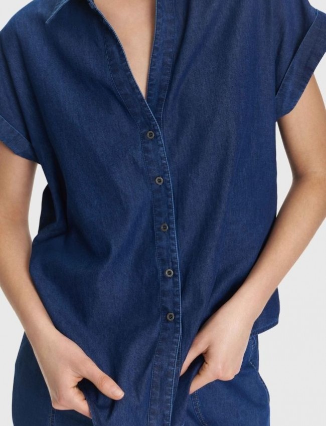 Blue jean tencel κοντομάνικο πουκάμισο, σε ίσια γραμμή, με πέτο γιακά και κλείσιμο με κουμπιά μπροστά Ale 