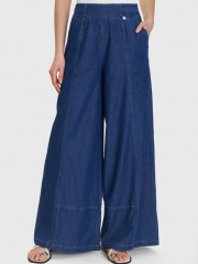 Blue Jean tencel ψηλόμεση παντελόνα με λάστιχο πίσω στη μέση, χαλαρή γραμμή, πλαϊνές τσέπες, διακοσμητικά γαζιά και κλείσιμο με κρυφό φερμουάρ στο πλάι ale 