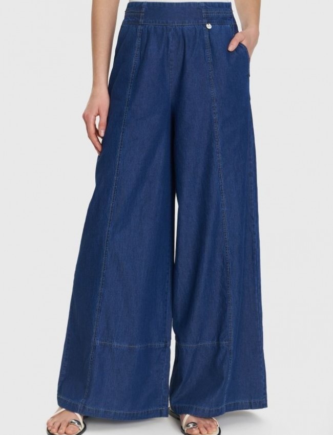 Blue Jean tencel ψηλόμεση παντελόνα με λάστιχο πίσω στη μέση, χαλαρή γραμμή, πλαϊνές τσέπες, διακοσμητικά γαζιά και κλείσιμο με κρυφό φερμουάρ στο πλάι ale 