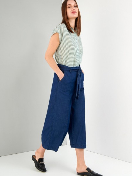Blue jean tencel ψηλόμεση ζιπ-κυλότ με πλαϊνές τσέπες και αποσπώμενη υφασμάτινη ζώνη Ale