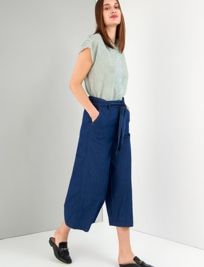 Blue jean tencel ψηλόμεση ζιπ-κυλότ με πλαϊνές τσέπες και αποσπώμενη υφασμάτινη ζώνη Ale