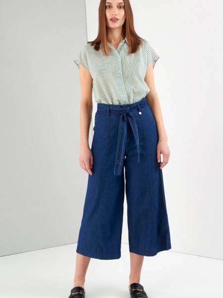 Blue jean tencel ψηλόμεση ζιπ-κυλότ με πλαϊνές τσέπες και αποσπώμενη υφασμάτινη ζώνη Ale