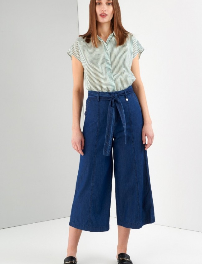 Blue jean tencel ψηλόμεση ζιπ-κυλότ με πλαϊνές τσέπες και αποσπώμενη υφασμάτινη ζώνη Ale