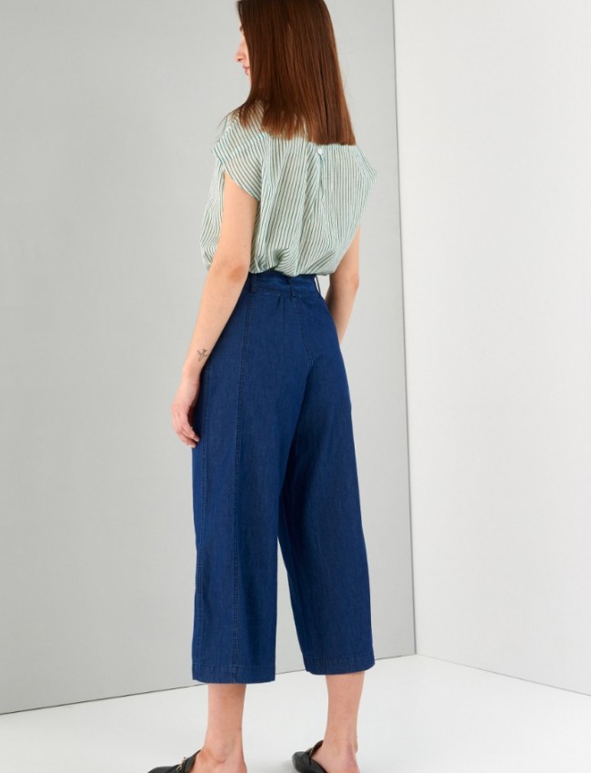 Blue jean tencel ψηλόμεση ζιπ-κυλότ με πλαϊνές τσέπες και αποσπώμενη υφασμάτινη ζώνη Ale