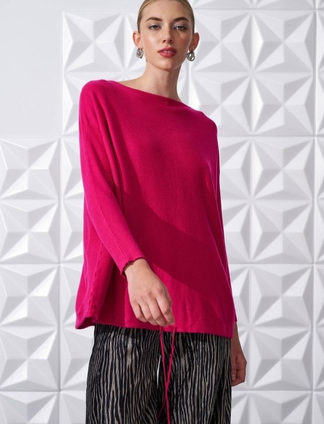 Φούξια μακρυμάνικη πλεκτή oversized μπλούζα με χαμόγελο λαιμόκοψη και κορδόνι στο τελείωμα Ale