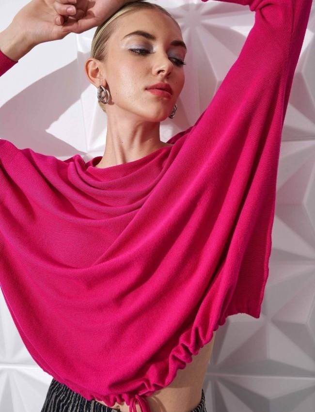 Φούξια μακρυμάνικη πλεκτή oversized μπλούζα με χαμόγελο λαιμόκοψη και κορδόνι στο τελείωμα Ale