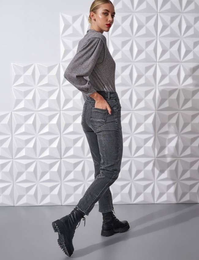 Γκρι highwaisted skinny jean,με διακοσμητικά γαζιά, μπροστινές στρογγυλές τσέπες και κλείσιμο με κουμπί και φερμουάρ Ale 