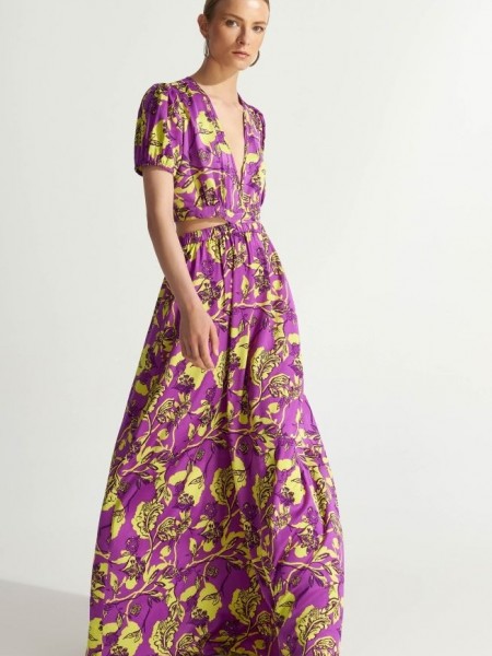 Floral printed μωβ κοντομάνικο σατέν maxi φόρεμα με ανοίγματα και λάστιχο στη μέση Ale