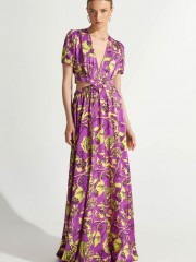 Floral printed μωβ κοντομάνικο σατέν maxi φόρεμα με ανοίγματα και λάστιχο στη μέση Ale