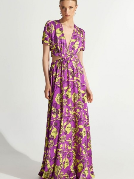 Floral printed μωβ κοντομάνικο σατέν maxi φόρεμα με ανοίγματα και λάστιχο στη μέση Ale