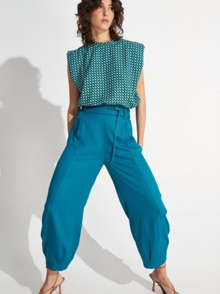 Πετρόλ ψηλόμεσο παντελόνι slouchy-fit με λάστιχο στη μέση και πλαϊνές τσέπες Ale