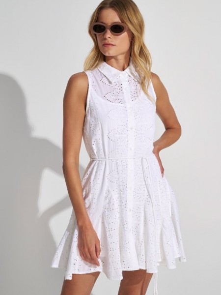 Λευκό αμάνικο broderie shirt look κοντό φόρεμα σε κλος γραμμή με εσωτερική αποσπώμενη φόδρα-φόρεμα Ale