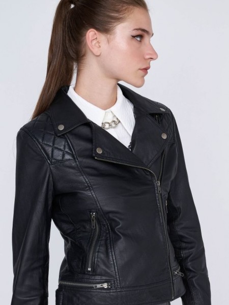 Μαύρο real leather jacket biker style, σταυροκουμπωτό, σε ίσια γραμμή, μπροστινές τσέπες και εξωτερικά φερμουάρ Ale