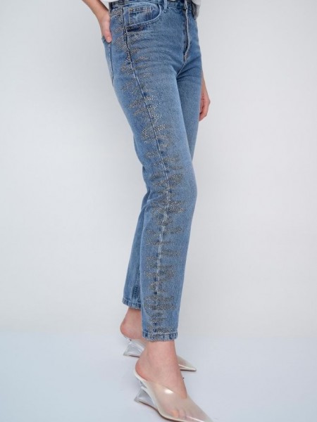 Blue jean high waisted σταθερό παντελόνι σε ίσια γραμμή με στρασάκια κατά μήκος στο πλάι Ale