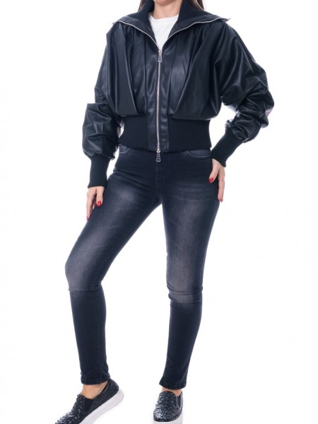 Μαύρο bomber jacket δερματίνη με λάστιχο στον γιακά και στο τελείωμα Ale 