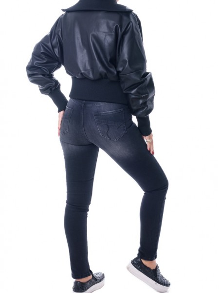 Μαύρο bomber jacket δερματίνη με λάστιχο στον γιακά και στο τελείωμα Ale 