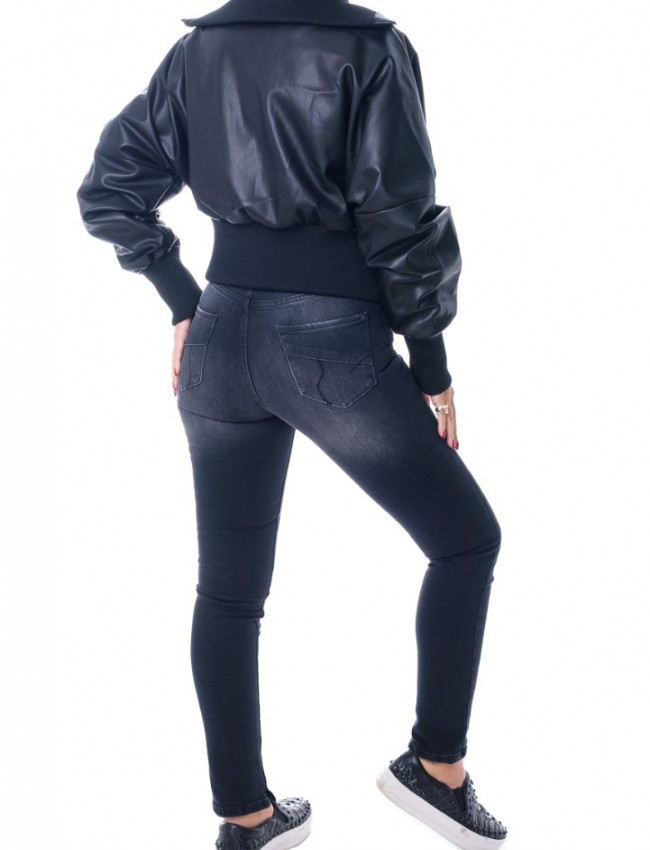 Μαύρο bomber jacket δερματίνη με λάστιχο στον γιακά και στο τελείωμα Ale 