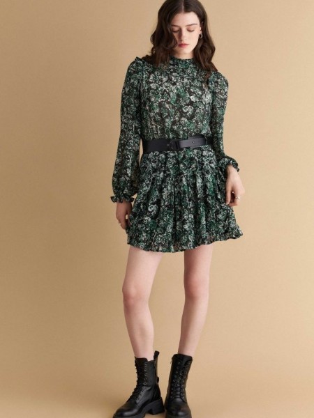 Floral printed πράσινο μακρυμάνικο κοντό φόρεμα από μουσελίνα με λουπέτο λαιμόκοψη, διαφάνεια στο πάνω μέρος, ελαστική μέση, βολάν στο τελείωμα και αποσπώμενη faux-leather ζώνη Attrattivo 