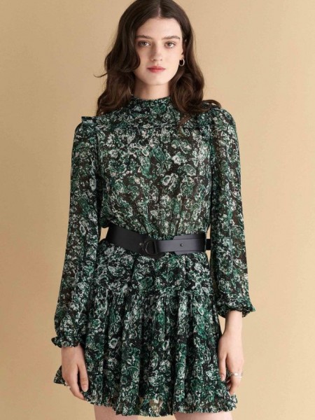 Floral printed πράσινο μακρυμάνικο κοντό φόρεμα από μουσελίνα με λουπέτο λαιμόκοψη, διαφάνεια στο πάνω μέρος, ελαστική μέση, βολάν στο τελείωμα και αποσπώμενη faux-leather ζώνη Attrattivo 