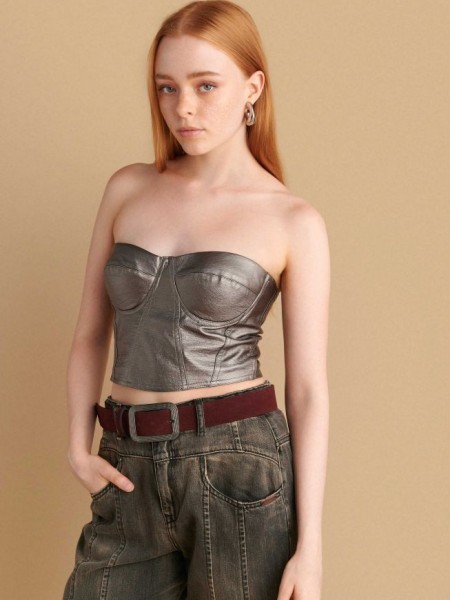 Bronze faux-leather μπούστο με φερμουάρ στην πλάτη, μπροστινά διακοσμητικά γαζιά και σιλικόνη τελείωμα εσωτερικά Attrattivo