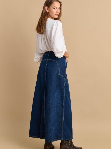 Blue Jean ψηλόμεση ελαστική maxi φούστα με ιδιαίτερα γαζιά μπροστά, σε ελαφρώς Α-γραμμή και χωρίς τσέπες πίσω Attrattivo