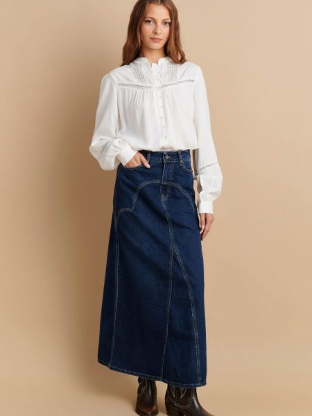 Blue Jean ψηλόμεση ελαστική maxi φούστα με ιδιαίτερα γαζιά μπροστά, σε ελαφρώς Α-γραμμή και χωρίς τσέπες πίσω Attrattivo
