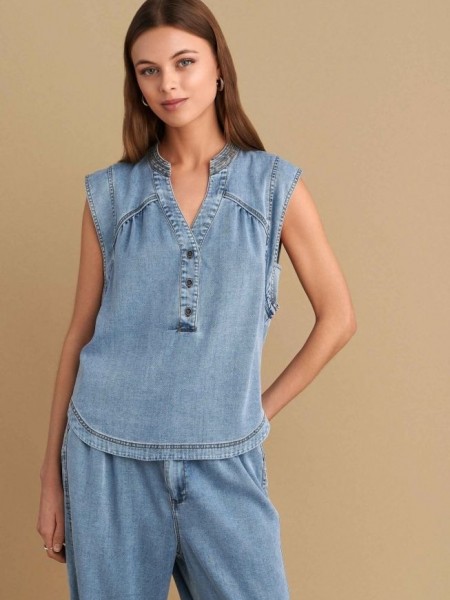 Blue jean αμάνικη μπλούζα, σε ίσια γραμμή, με V στην μάο γιακά λαιμόκοψη, διακοσμητικά ταμπά γαζιά και στρογγυλεμένο τελείωμα Attrattivo 