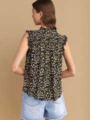 Floral printed κίτρινη αμάνικη μπλούζα σε Α-γραμμή, με πιέτες, με μικρές σούρες και λάστιχο στο πάνω μέρος και κλείσιμο με μπροστινά κουμπιά Attrattivo