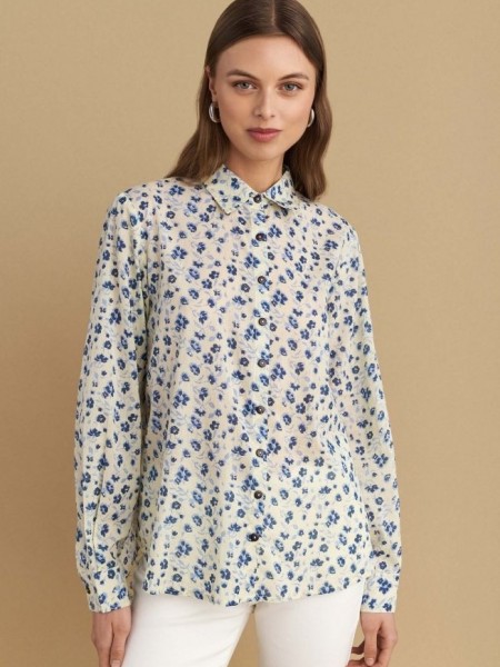 Floral printed μπλε μακρυμάνικο πουκάμισο, σε ίσια γραμμή, με πέτο γιακά, κουφόπιετα στην πλάτη και κλείσιμο με κουμπιά μπροστά Attrattivo 