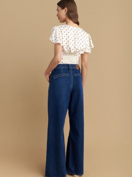 Blue jean ψηλόμεση wide-leg παντελόνα, με ταμπά γαζιά, πλαϊνές τσέπες και κλείσιμο με κουμπιά και κουμπί μπροστά Attrattivo 