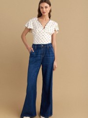 Blue jean ψηλόμεση wide-leg παντελόνα, με ταμπά γαζιά, πλαϊνές τσέπες και κλείσιμο με κουμπιά και κουμπί μπροστά Attrattivo 