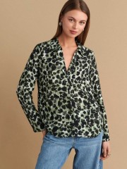 Animal printed χακί μακρυμάνικη μπλούζα, σε ίσια γραμμή και V στην πέτο γιακά λαιμόκοψη Attrattivo 