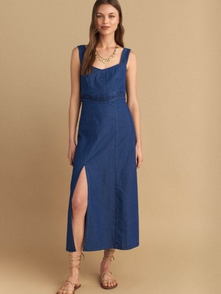 Blue jean tencel αμάνικο midi φόρεμα, με διακοσμητικές ραφές, τετράγωνη λαιμόκοψη, σκίσιμο μπροστά και κλείσιμο με φερμουάρ πίσω Attrattivo 