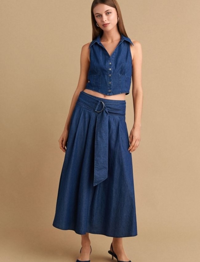 Blue jean tencel ψηλόμεση midi φούστα, σε κλος γραμμή, με πιέτες μπροστά, κλείσιμο με φερμουάρ στο πλάι και αποσπώμενη ζώνη Attrattivo 