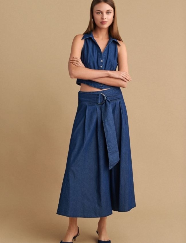 Blue jean tencel ψηλόμεση midi φούστα, σε κλος γραμμή, με πιέτες μπροστά, κλείσιμο με φερμουάρ στο πλάι και αποσπώμενη ζώνη Attrattivo 