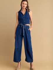Blue jean tencel ψηλόμεσο παντελόνι, σε slouchy fit γραμμή, λάστιχο στην μέση, πλαϊνές τσέπες και αποσπώμενη υφασμάτινη ζώνη Attrattivo 
