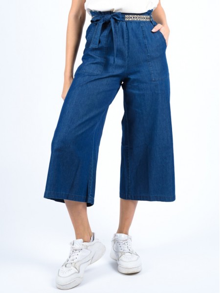Blue jean tencel high-waisted ζιπ-κυλότ,  με πλαϊνές μεγάλες τσέπες και αποσπώμενο κεντημένο ζωνάκι Attrattivo 